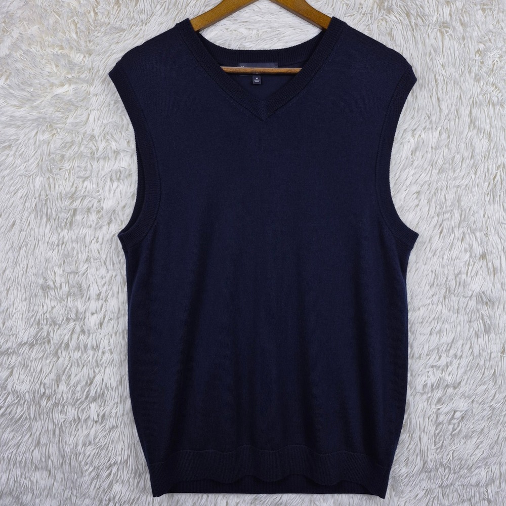 Hart Schaffner Marx Mens Navy Blue Extra Fine Merino Wool V-Neck Sweater Vest M